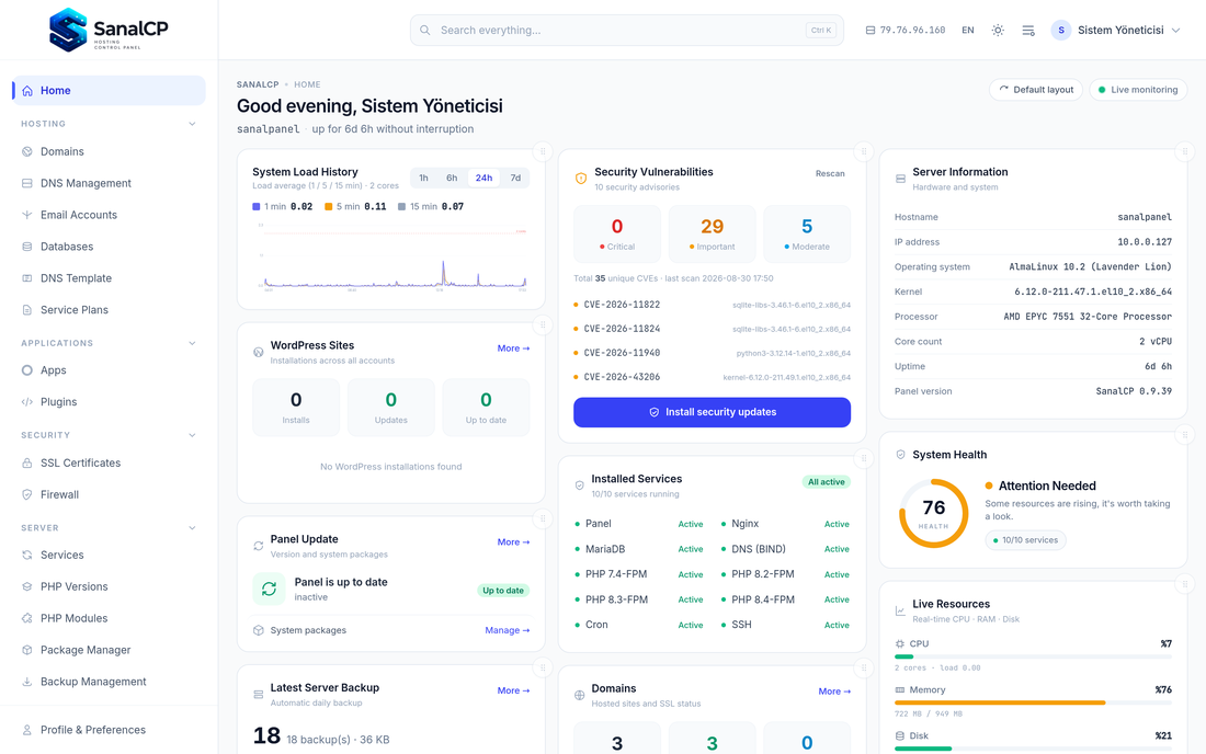 SanalCP control panel — server dashboard: system load, installed services and live resource usage
