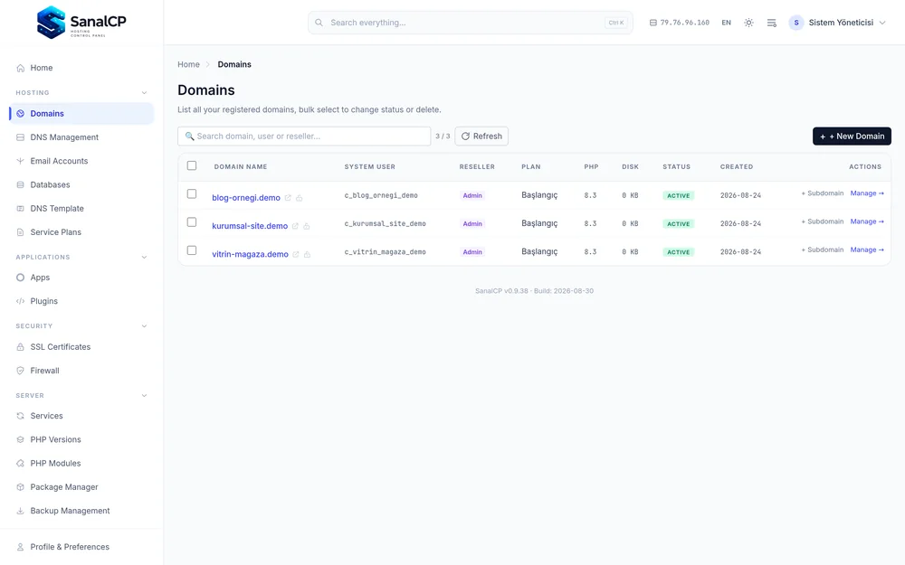 SanalCP — domain management screen