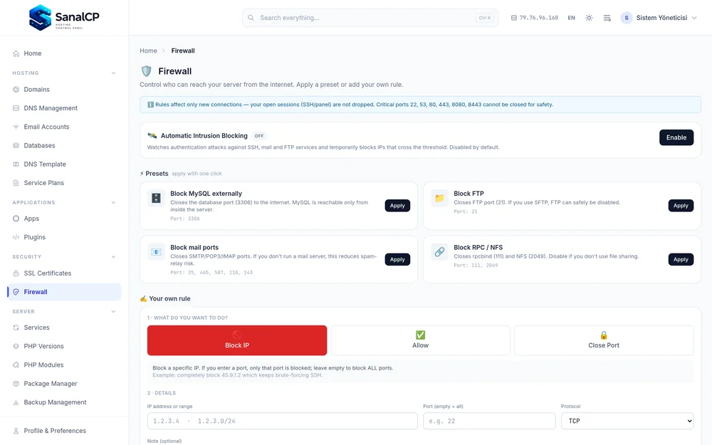SanalCP — firewall