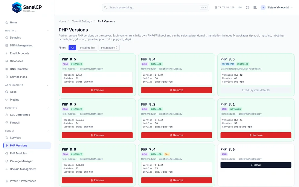 SanalCP — PHP version management