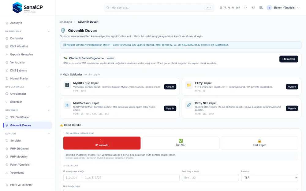 SanalCP — güvenlik duvarı