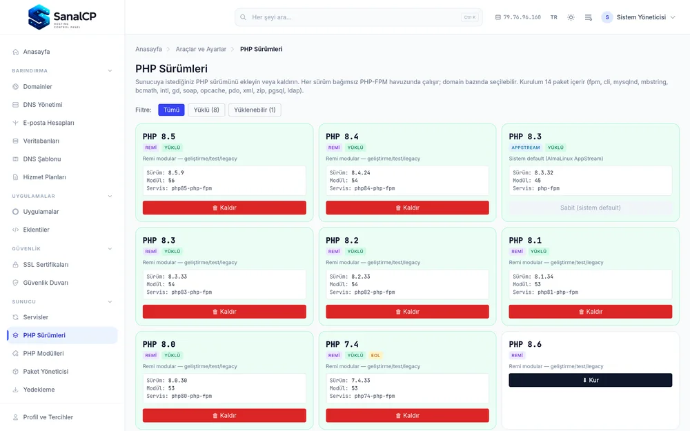 SanalCP — PHP sürüm yönetimi